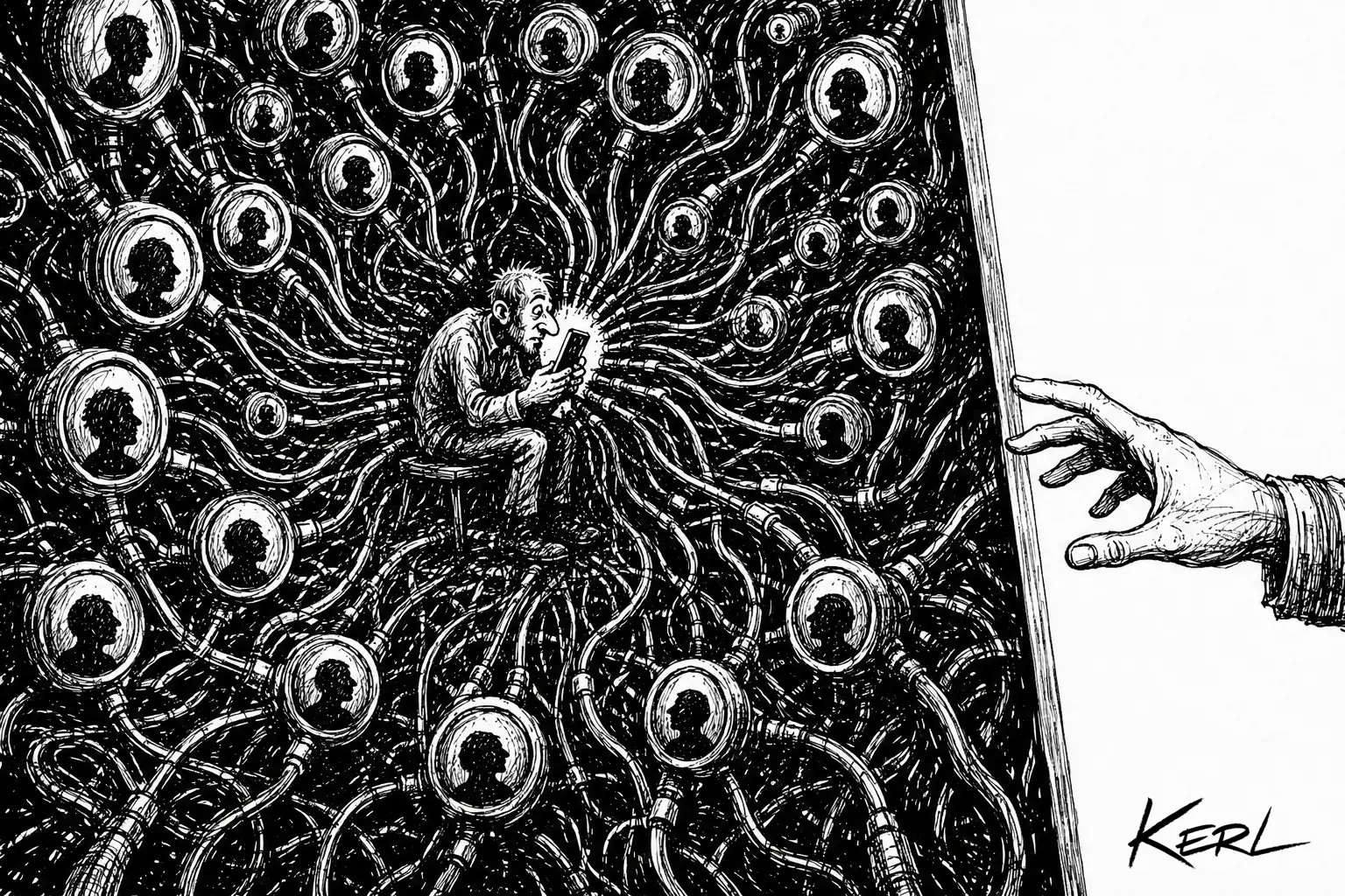 Un personnage isolé croule sous des centaines de connexions numériques qui ne touchent jamais son corps.