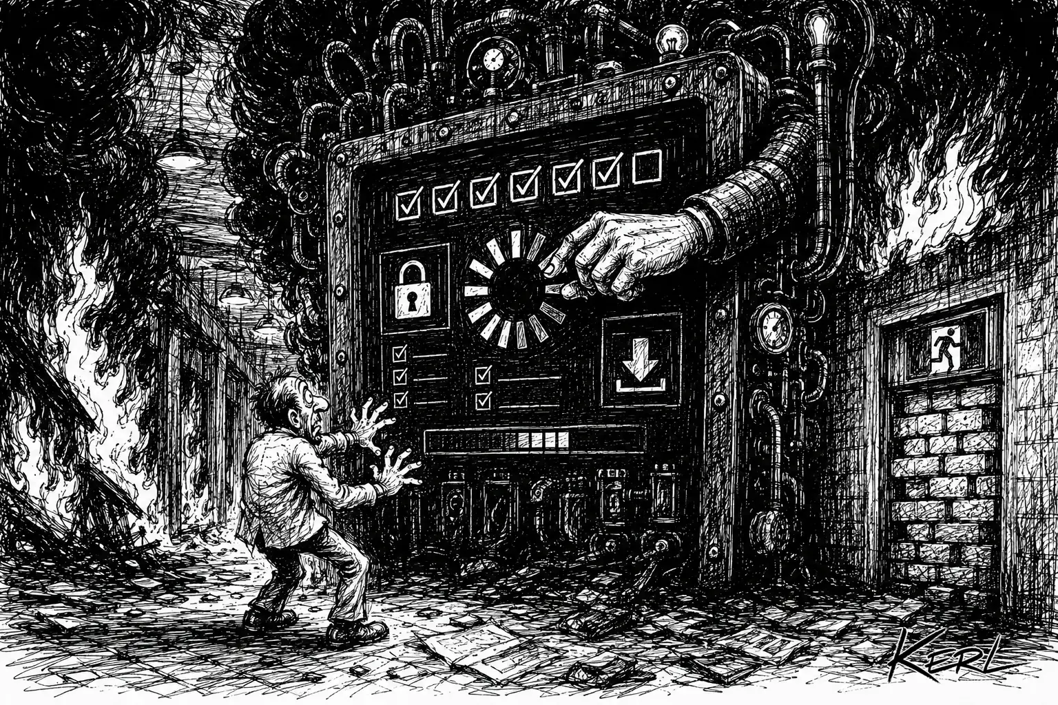 Dans un couloir en feu, la sortie est bloquée par une interface qui exige une mise à jour.